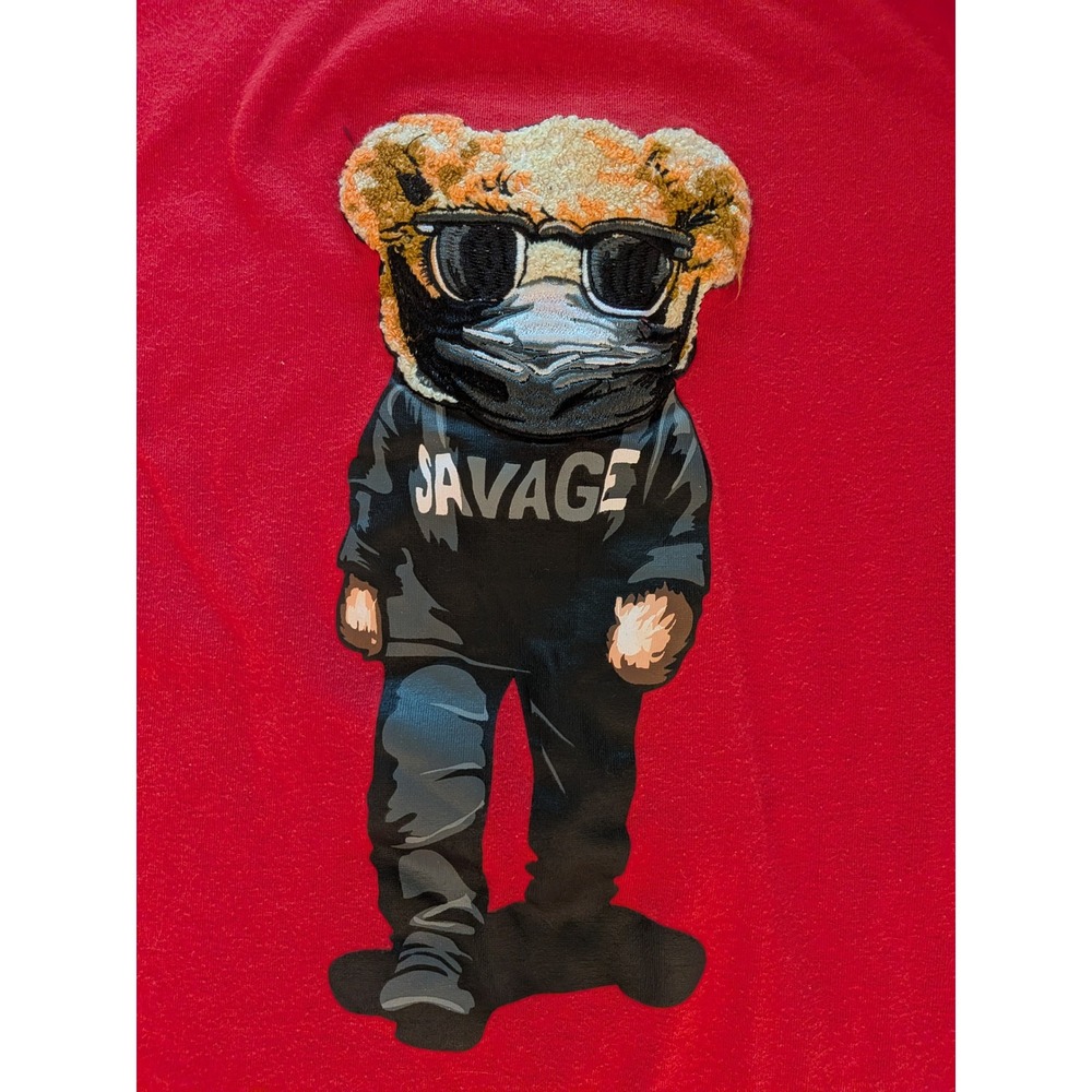 Black Pike SAVAGE‎ Teddy Bear Graphic T-Shirt Red Streetwear Cotton Blend Mens